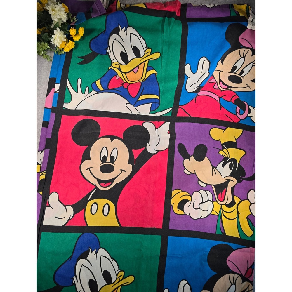 Disney Flat Sheet Twin Colorblock Patch Vintage 90s Mickey Donald Pop Art USA